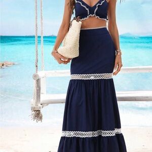 Elegant Navy Blue Maxi Skirt & Matching Crop Top